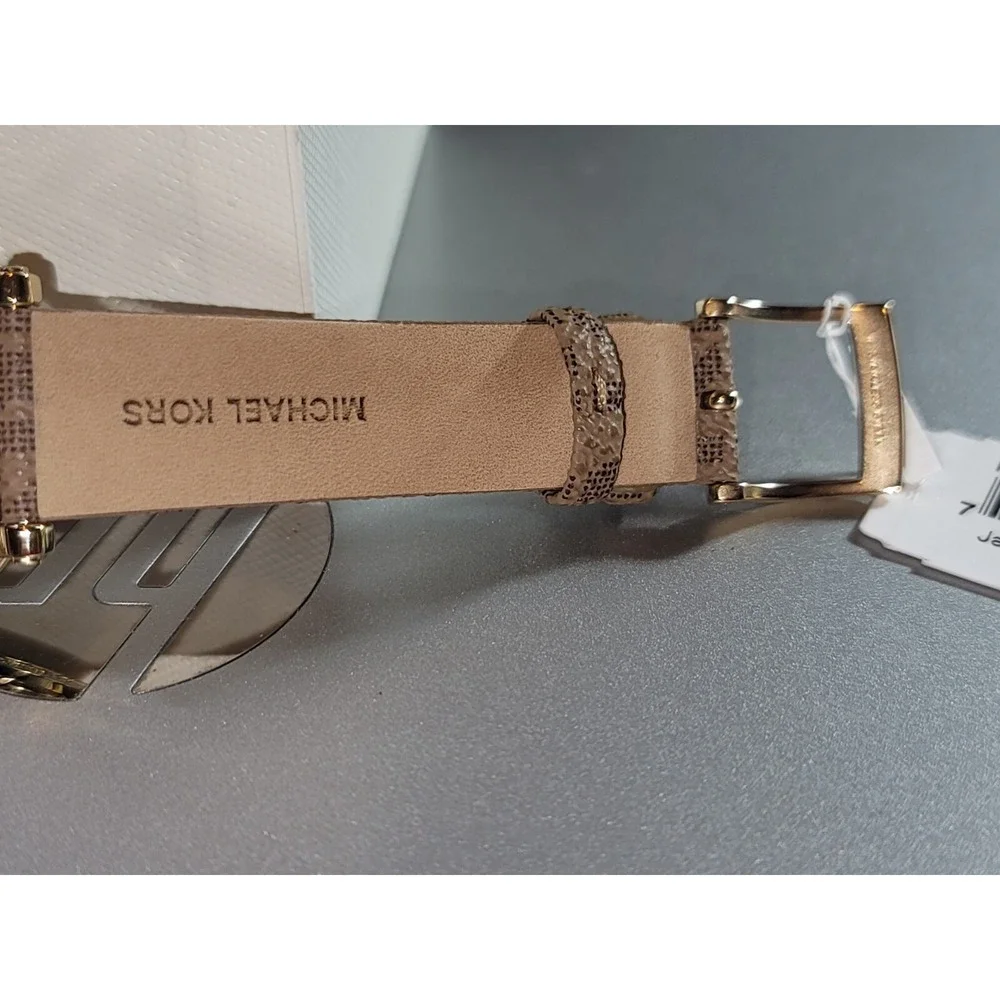 Michael Kors woman's 3 hand watch Corey crystals brown logo band NWT MKO1026